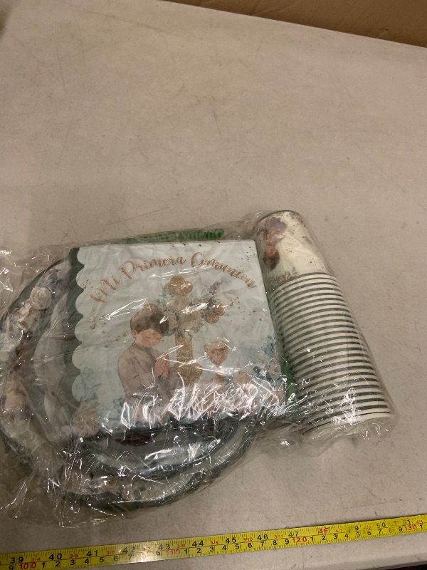 Photo 1 of 150Pcs First Communion Decorations for Boys Serve 25, Baptism Paper Plates and Napkins Sets with Cups Forks Mi Primera Comunion Decoracion God Bless Baptism Decorations for Christening Confirmation