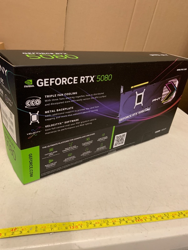 Photo 1 of PNY NVIDIA GeForce RTX™ 5080 Epic-X™ ARGB OC Triple Fan, Graphics Card (16GB GDDR7, 256-bit, Boost Speed: 2775 MHz, PCIe® 5.0, HDMI®/DP 2.1, 2.99-Slot, NVIDIA Blackwell Architecture, DLSS 4)