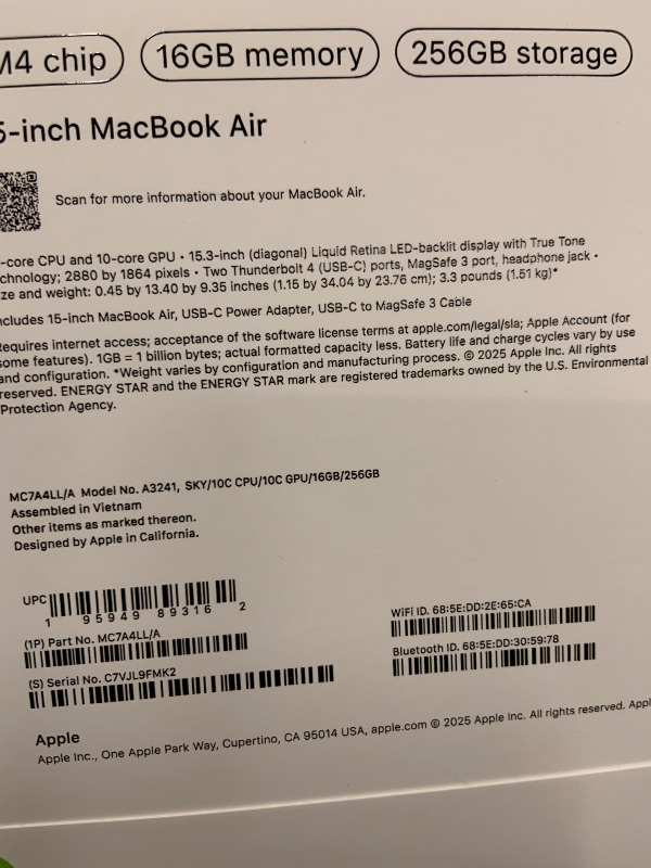 Photo 1 of Apple 2025 MacBook Air 15-inch Laptop with M4 chip: Built for Apple Intelligence, 15.3-inch Liquid Retina Display, 16GB Unified Memory, 256GB SSD Storage, 12MP Center Stage Camera, Touch ID; Sky Blue