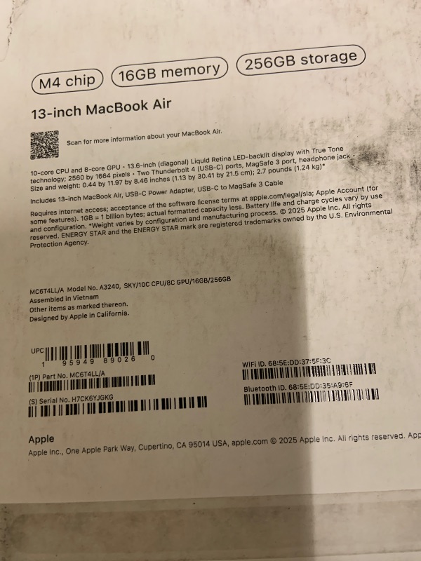 Photo 1 of Apple 2025 MacBook Air 13-inch Laptop with M4 chip: Built for Apple Intelligence, 13.6-inch Liquid Retina Display, 16GB Unified Memory, 256GB SSD Storage, 12MP Center Stage Camera, Touch ID; Sky Blue