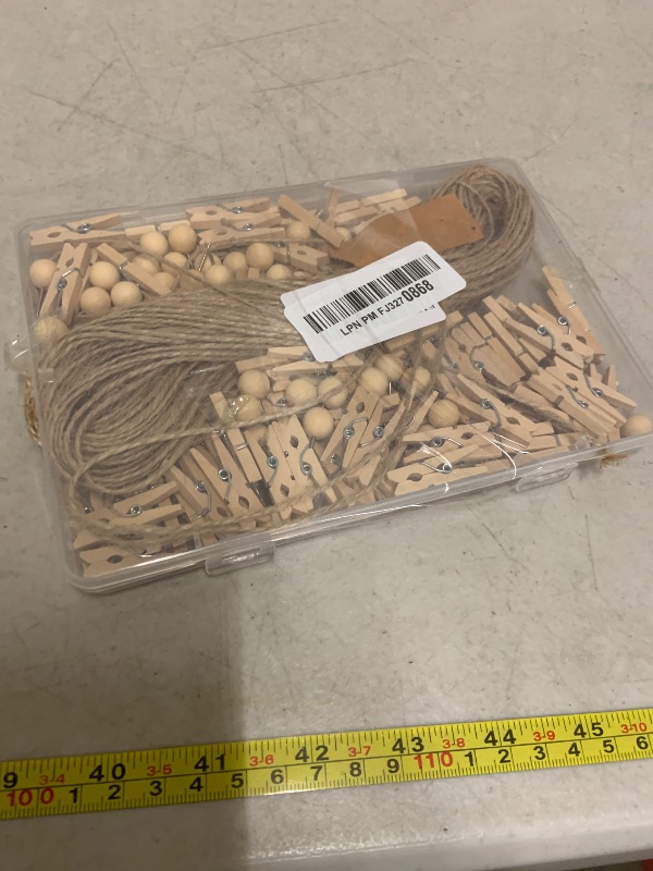 Photo 1 of 100 Pcs Wooden Clothespins for Photo Hanging Display, Mini Clothes Pins with String, Photo Display Hanging Clips for Crafts Pictures Photos Home Birthday Wedding Party Decoration