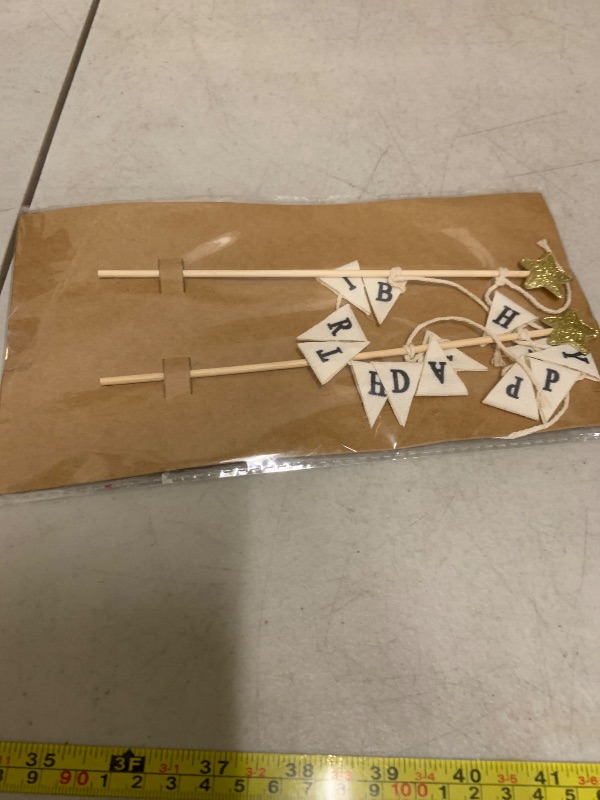 Photo 1 of Banner Happy Birthday Cake Topper Ivory Handmade Pennant Flags Garland with Wood Pole Happy Birthday Topper for Cake Party Supplies Decorations (with Gold Star)