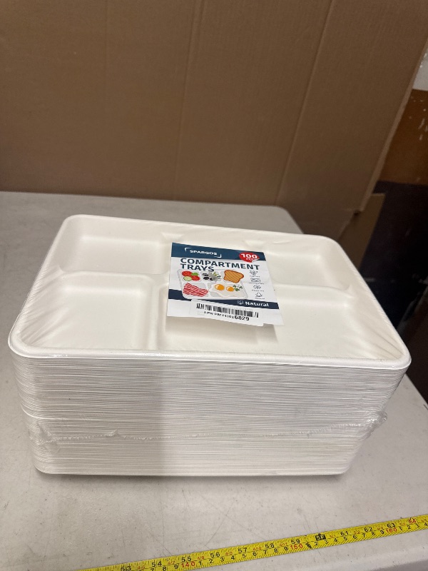 Photo 1 of 5 Compartment Plates Disposable Heavy Duty (100 Pack) Trays 12.5" x 8.6" - Sugarcane School Trays - Disposable Plates with Compartments Sectioned - Environmentally-Friendly Paper Dividers