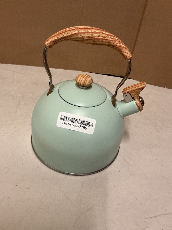 Photo 1 of Tea Kettle, BELANKO 85 OZ / 2.5 Liter Whistling Tea Kettle, Tea Pots for Stove Top Food Grade Stainless Steel with Wood Pattern Folding Handle, Loud Whistle Kettle for Tea, Coffee, Milk - Turquoise