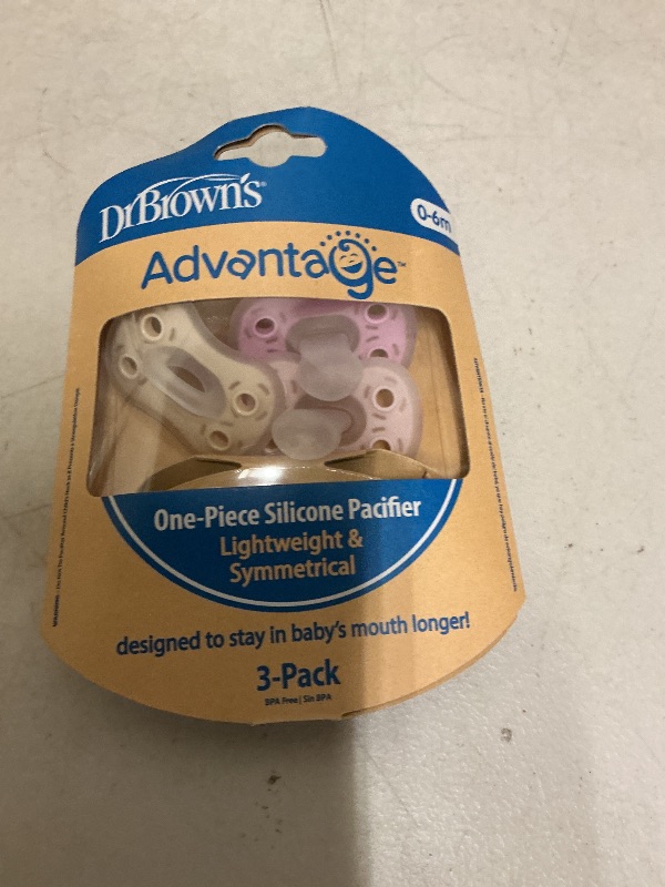 Photo 1 of Dr. Brown's Advantage One-Piece Silicone Baby Pacifier, Fully Symmetrical Soother, Ecru/Light Pink/Pink, 0-6m, BPA Free, 3 Pack