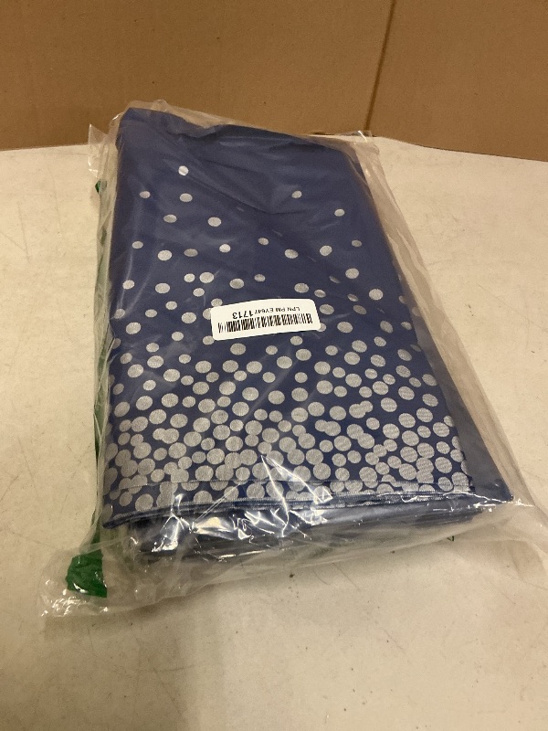 Photo 1 of Tudomro 16 Pieces Silver and Dark Blue Disposable Plastic Tablecloths and Satin Table Runner Set 54x108 Inch Tablecloth 12x108 Inch Table Runners for New Year Wedding Birthday Baby Shower Graduation