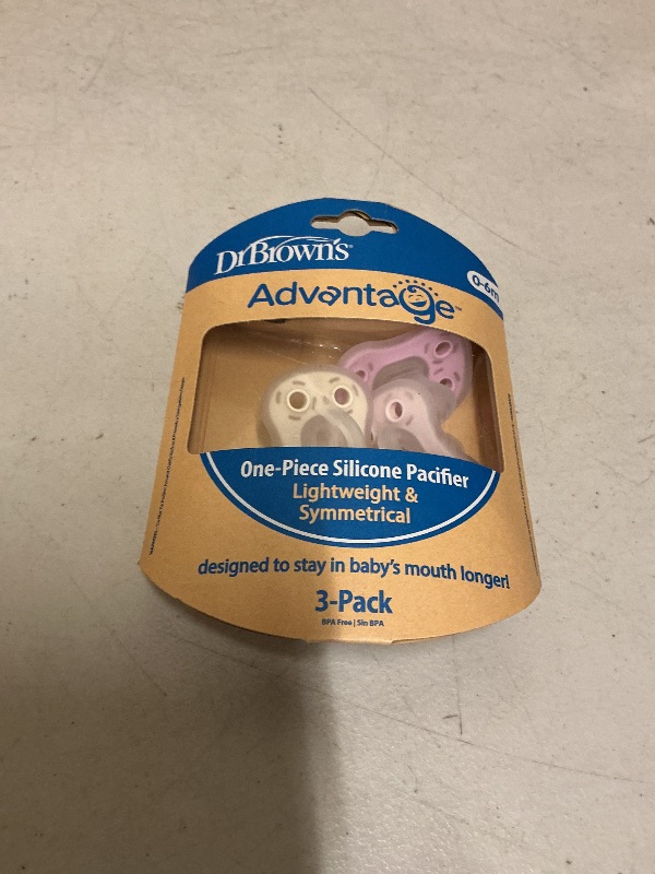 Photo 1 of Dr. Brown's Advantage One-Piece Silicone Baby Pacifier, Fully Symmetrical Soother, Ecru/Light Pink/Pink, 0-6m, BPA Free, 3 Pack