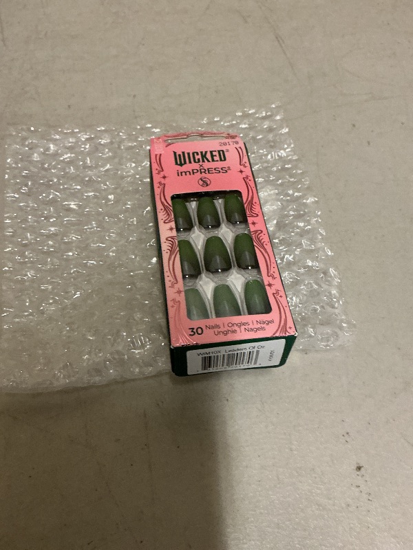 Photo 1 of WICKED X imPRESS Press On Nails, ‘Leaders Of Oz’, Green, Medium Coffin, New Improved Adhesive, Up To 10 Day Hold, Includes 30 Fake Nails, 1 Prep Pad, 1 Manicure Stick, 1 Mini File