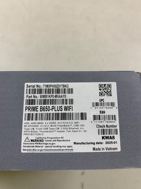 Photo 1 of ASUS Prime B650-PLUS WiFi AMD B650 AM5 Ryzen™ Desktop 9000 8000 & 7000 ATX Motherboard, DDR5, PCIe 5.0 M.2, 2.5Gb LAN, WiFi 6E, HDMI™, SATA 6 Gbps, USB Type-C®, BIOS Flashback™, Thunderbolt™ 4 Header