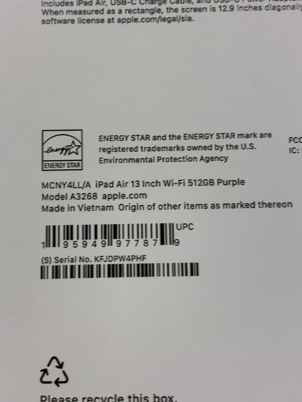 Photo 1 of Apple iPad Air 13-inch with M3 chip Built for Apple Intelligence, Liquid Retina Display, 512GB, 12MP Front/Back Camera, Wi-Fi 6E, Touch ID, All-Day Battery Life — Purple