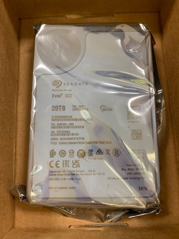 Photo 1 of Seagate (Renewed) Exos X22 20TB SATA 6Gb/s 7200RPM 3.5-inch Enterprise HDD (ST20000NM004E)