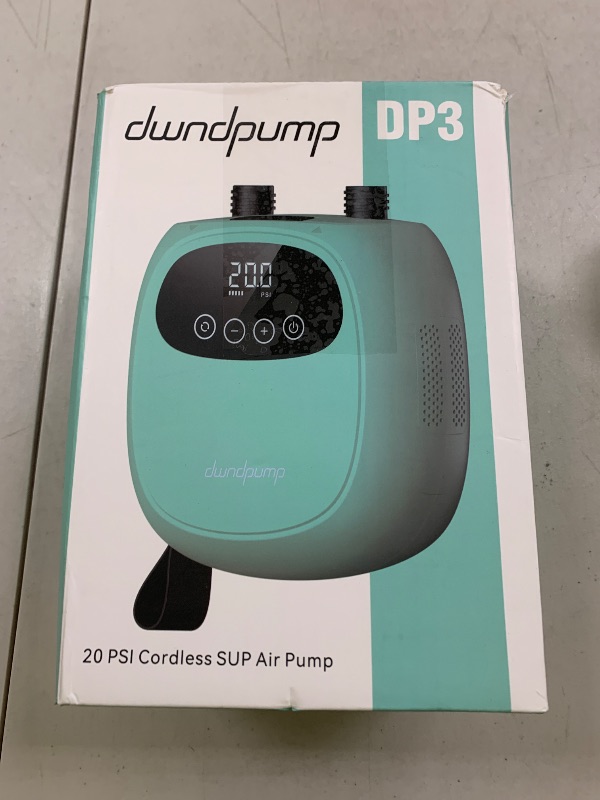 Photo 1 of dwndpump Electric Paddle Board Pump, Rechargeable 20 PSI SUP Pump, Dual-Stage Inflation and Deflation Sup Air Pump, Portable Electric Pump for Kayaks, Wind Wings, SUPs (with 7 Valve Adapters)