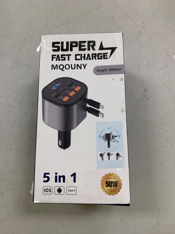 Photo 1 of Retractable Car Charger,5 in 1 Fast Cars Phone Charger 90W,Bluetooth 5.3 FM Transmitter Adapter,Handsfree Call,2 Retractable Cables and USB Chargers for iPhone17/16 15/14/13
