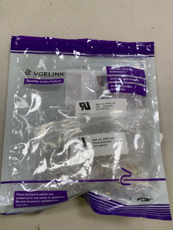Photo 1 of VCELINK Cat5e Connectors RJ45 Pass Through 100-Pack, Cat 5 rj45 connectors, EZ Cat 5e Ends, Cat 5 e Modular Plugs for Solid or Stranded UTP Network Cable (Cat5e Connectors, 100Pack)