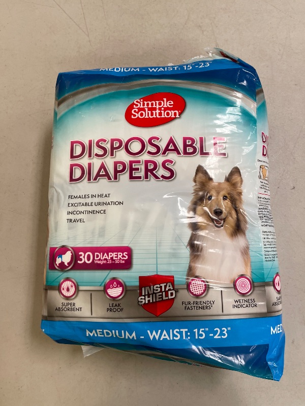 Photo 1 of Simple Solution Disposable Dog Diapers, Female Dog Diapers, Puppy Potty Training, Incontinence and Heat Cycle Protection, Medium Diapers for Dogs, 15-23 Inch Waist, 30 Count