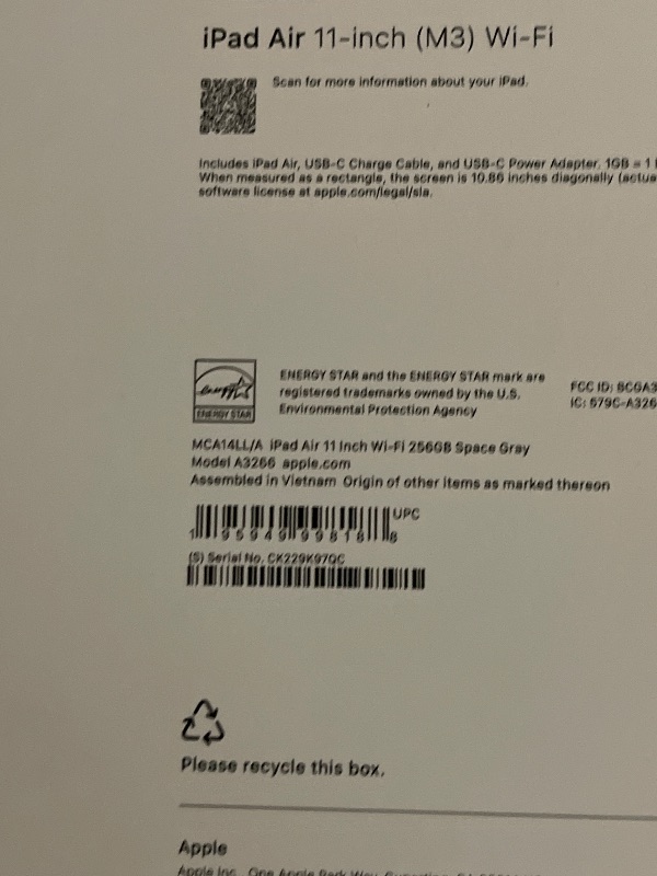 Photo 1 of Apple iPad Air 11-inch with M3 chip Built for Apple Intelligence, Liquid Retina Display, 256GB, 12MP Front/Back Camera, Wi-Fi 6E, Touch ID, All-Day Battery Life — Space Gray