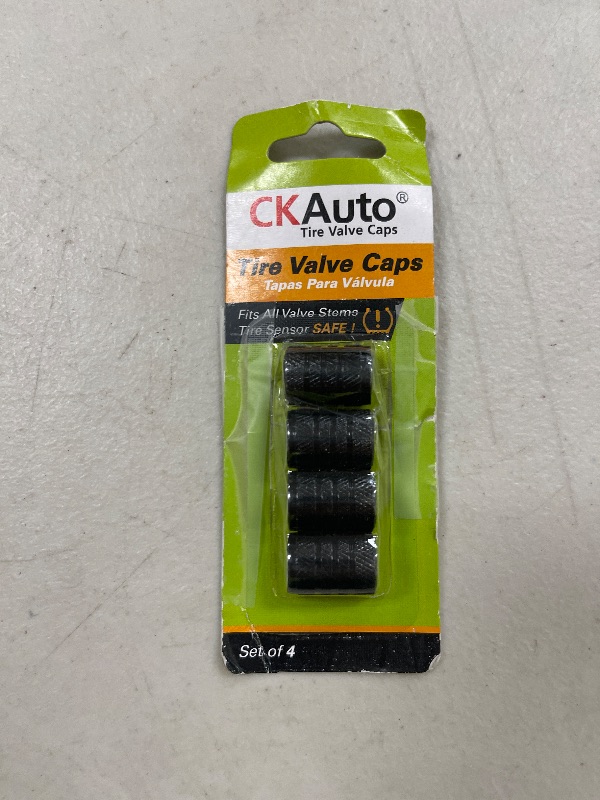 Photo 1 of CKAuto Tire Valve Stem Caps, Black, 4 pcs/Pack, Anodized Aluminum Tire Valve Cap Set, Corrosion Resistant, Universal Stem Covers for Cars Trucks Motorcycles SUVs and Bikes