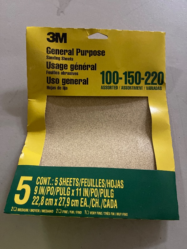 Photo 1 of 3M Aluminum Oxide Sandpaper, 5 Sheets, Assorted Grit 100-150-220, 9-in x 11-in, Multi-Purpose Abrasive Sanding Paper, For General Purpose Sanding On Paint, Wood and Metal (9005NA)