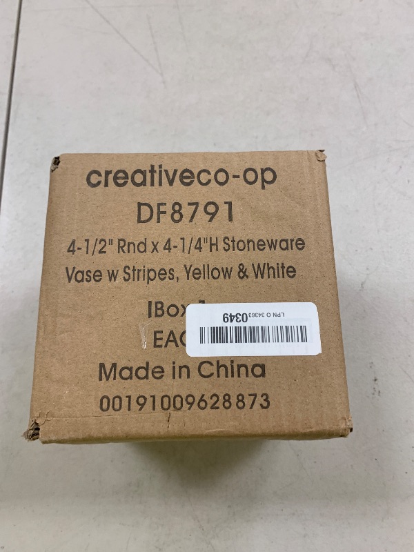 Photo 1 of Creative Co-Op Striped Stoneware Vase with Sphere Shape and Footed Base, Yellow and White