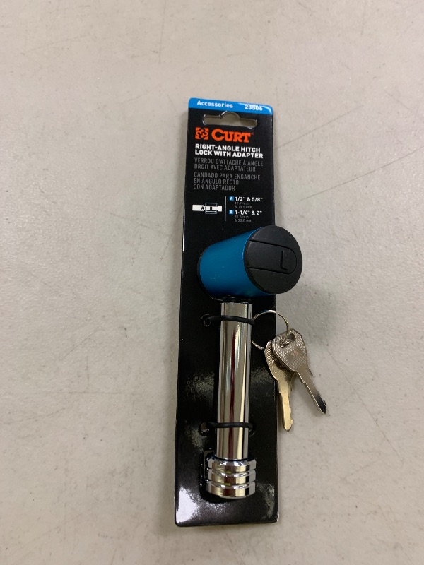 Photo 1 of CURT 23506 Right-Angle Trailer Hitch Lock, 1/2-Inch Pin Diameter, 5/8-Inch Adapter, Fits 1-1/4 or 2-Inch Receiver