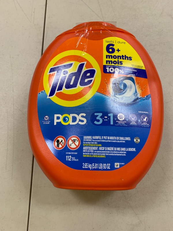 Photo 1 of Tide PODS Laundry Detergent Pacs, 3-in-1 Stain Remover, Odor Fighter, Color Protector, 112 Count, HE compatible, Original Scent