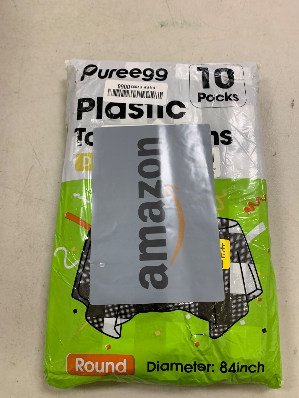 Photo 1 of Pureegg Plastic Table Cloth Disposable 10 Pack, 84'' Round Table Cloths, Party, Picnic, Decorative Gingham Tablecloths, Round, Black and White Checkered Cover, Leakproof & Sturdy, Black Plaid