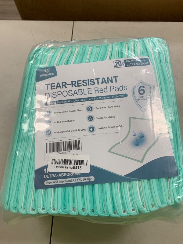 Photo 1 of BIGGMED Tear-Resistant Chucks Pads Disposable 48" x 36" Underpads Extra Large Incontinence Bed Pads Heavy Duty Absorbency Chux Pads Pee Pads for Adult Elderly Puppy Pads for Training, 20 Pads