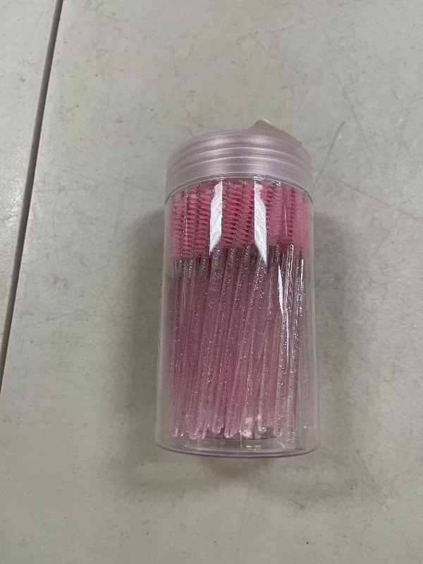 Photo 1 of 100 Pcs Disposable Mascara Wands, Crystal Eyebrow Spoolies Brush for Eyelash Extensions, Pink Lash Brushes with Container