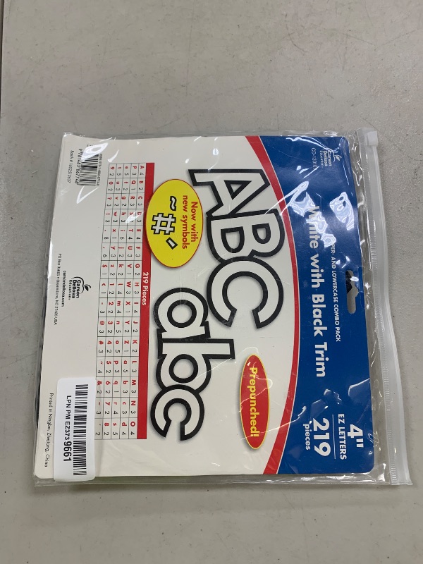 Photo 1 of Carson Dellosa 219-Piece White with Black Trim Cutout Letters, 4" Upper and Lowercase Alphabet, Numbers, Punctuation, and Symbols for Bulletin Board, Posterboard, Party, and Classroom Decor