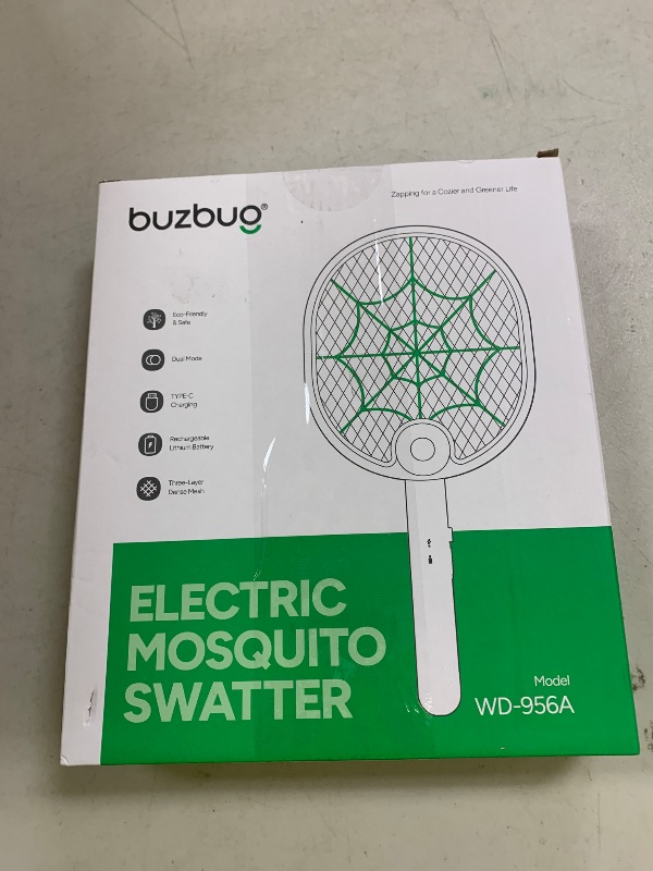 Photo 1 of Buzbug Electric Fly Swatter, Type-C Rechargeable Mosquito Swatter, Foldable, Dual Handheld and Auto Zap Mode, 3800V Powerful Instant Bug Zapper Racket, Mosquito Bat for Indoor Outdoor Camping -WD956A