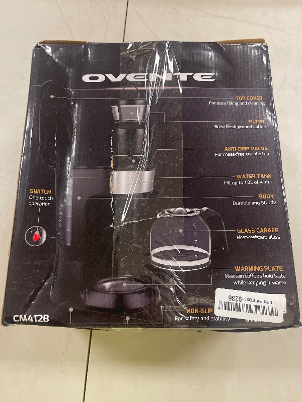 Photo 1 of OVENTE 12-Cup Drip Coffee Maker with Borosilicate Glass Carafe, One-Touch Operation Machine, Anti-Drip System, Reusable Filter and Clear View Water Level Gauge, Ideal for Home or Office, Black CM412B