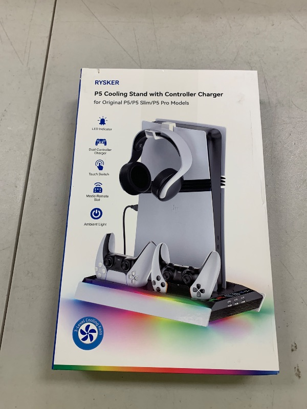 Photo 1 of PS5/Slim/Pro Stand for Disc & Digital Console, PS5 Cooling & Charging Station with RGB Ambient Lighting, PS5 Controller Charger Built-in 3 Level Fan, PS5/Slim/Pro Accessories for PlayStation 5 Case