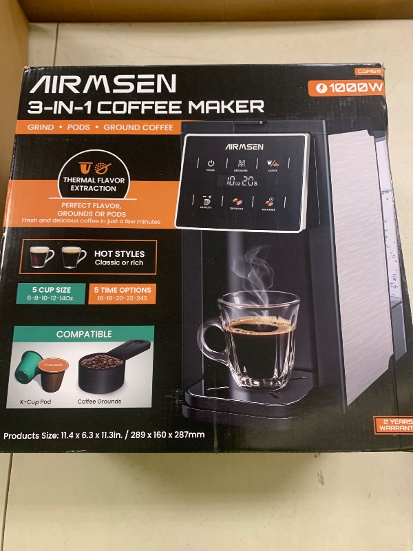 Photo 1 of AIRMSEN Grind & Brew Coffee Maker with Grinder - Single Serve Machine Compatible with K-Cup Pods & Ground, 1000W Fast 6-14oz Brewer, Descaling Alert, Touchscreen & 50oz Removable Tank (Large)
