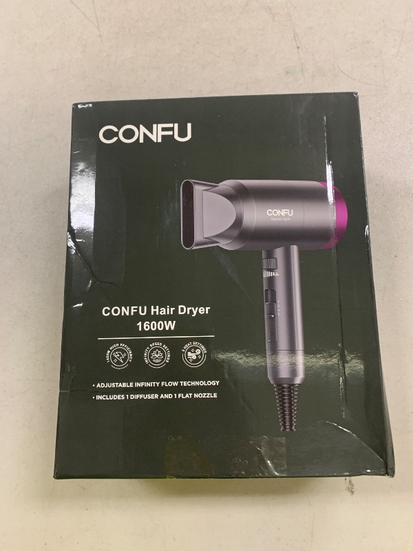 Photo 1 of CONFU Ionic Blow Dryer 1600W, Portable Lightweight Fast Drying Negative Ion Hairdryer Blowdryer, 3 Heat Settings & Infinity Speed, with Diffuser and Concentrator Nozzle for Home & Travel