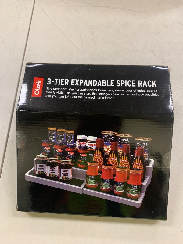 Photo 1 of Oizeir 3–Tier Expandable Plastic Spice Rack - Adjustable Length, Stability with Non-Skid Shelf, Three Tiers for Easy Visibility, Organizer for Kitchen Cabinet, Pantry or Countertop, White/Grey