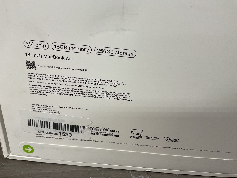 Photo 1 of Apple 2025 MacBook Air 13-inch Laptop with M4 chip: Built for Apple Intelligence, 13.6-inch Liquid Retina Display, 16GB Unified Memory, 256GB SSD Storage, 12MP Center Stage Camera, Touch ID; Silver