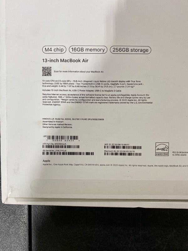 Photo 1 of Apple 2025 MacBook Air 13-inch Laptop with M4 chip: Built for Apple Intelligence, 13.6-inch Liquid Retina Display, 16GB Unified Memory, 256GB SSD Storage, 12MP Center Stage Camera, Touch ID; Silver