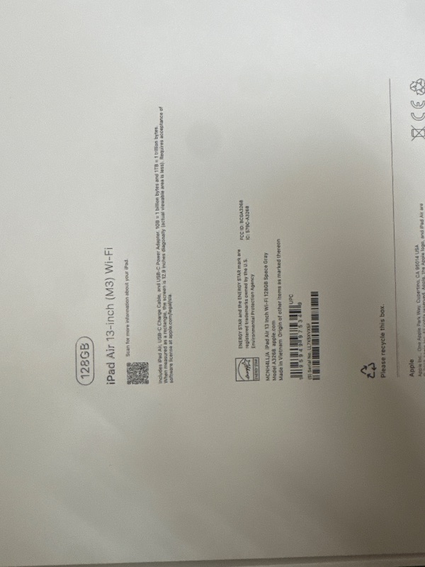 Photo 1 of Apple iPad Air 13-inch with M3 chip Built for Apple Intelligence, Liquid Retina Display, 128GB, 12MP Front/Back Camera, Wi-Fi 6E, Touch ID, All-Day Battery Life — Space Gray