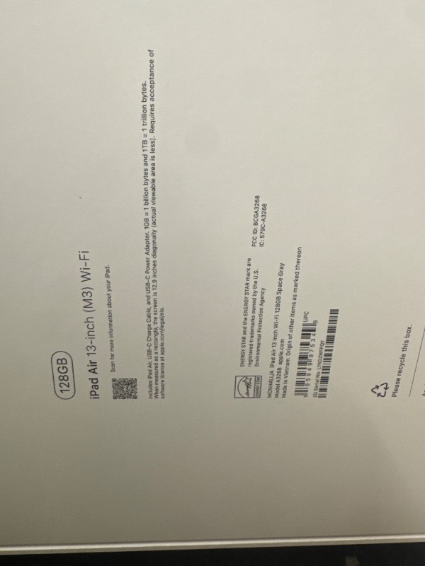 Photo 1 of Apple iPad Air 13-inch with M3 chip Built for Apple Intelligence, Liquid Retina Display, 128GB, 12MP Front/Back Camera, Wi-Fi 6E, Touch ID, All-Day Battery Life — Space Gray