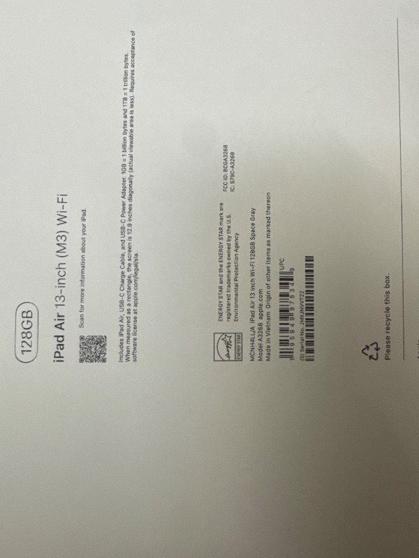 Photo 1 of Apple iPad Air 13-inch with M3 chip Built for Apple Intelligence, Liquid Retina Display, 128GB, 12MP Front/Back Camera, Wi-Fi 6E, Touch ID, All-Day Battery Life — Space Gray