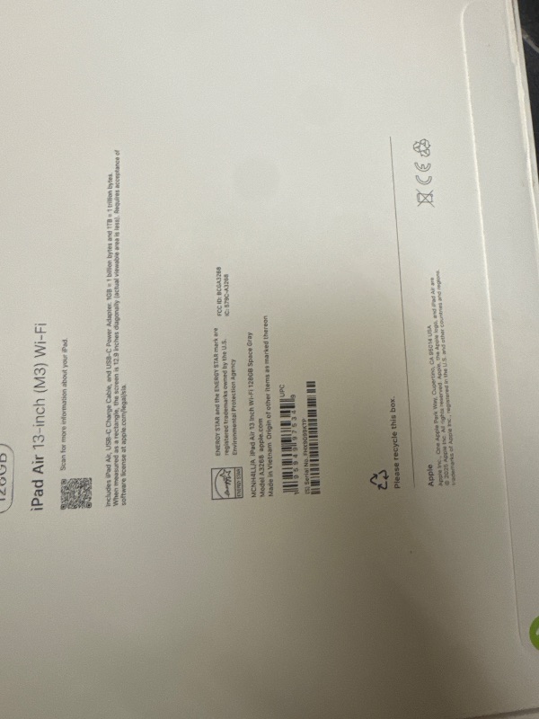 Photo 1 of Apple iPad Air 13-inch with M3 chip Built for Apple Intelligence, Liquid Retina Display, 128GB, 12MP Front/Back Camera, Wi-Fi 6E, Touch ID, All-Day Battery Life — Space Gray