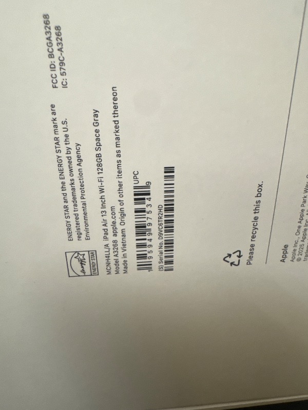 Photo 1 of Apple iPad Air 13-inch with M3 chip Built for Apple Intelligence, Liquid Retina Display, 128GB, 12MP Front/Back Camera, Wi-Fi 6E, Touch ID, All-Day Battery Life — Space Gray