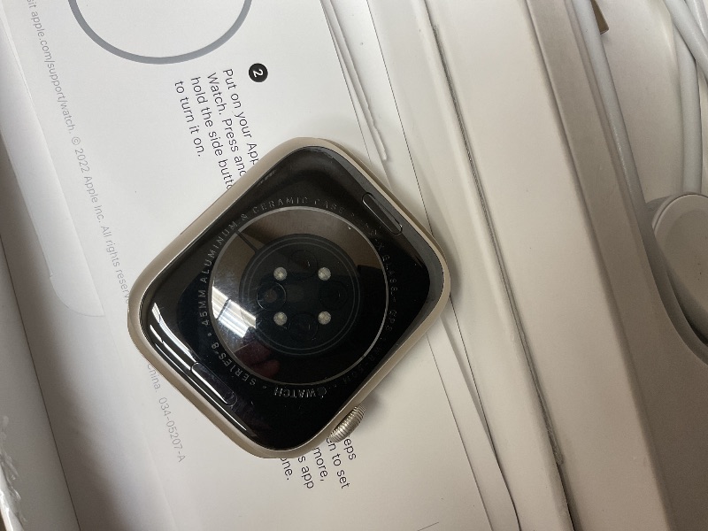 Photo 1 of See pictures and notes ,,,,,,,,,,,,,,,,,,Apple Watch Series 8 [GPS 45mm] Smart Watch w/Starlight Aluminum Case with Starlight Sport Band - M/L. Fitness Tracker, Blood Oxygen & ECG Apps, Always-On Retina Display, Water Resistant