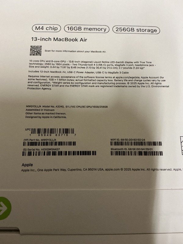 Photo 1 of Apple 2025 MacBook Air 13-inch Laptop with M4 chip: Built for Apple Intelligence, 13.6" Liquid Retina Display, 16GB Unified Memory, 256GB SSD Storage, 12MP Center Stage Camera, Touch ID, Starlight