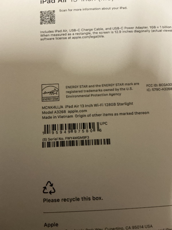 Photo 1 of Apple iPad Air 13-inch with M3 chip Built for Apple Intelligence, Liquid Retina Display, 128GB, 12MP Front/Back Camera, Wi-Fi 6E, Touch ID, All-Day Battery Life — Starlight