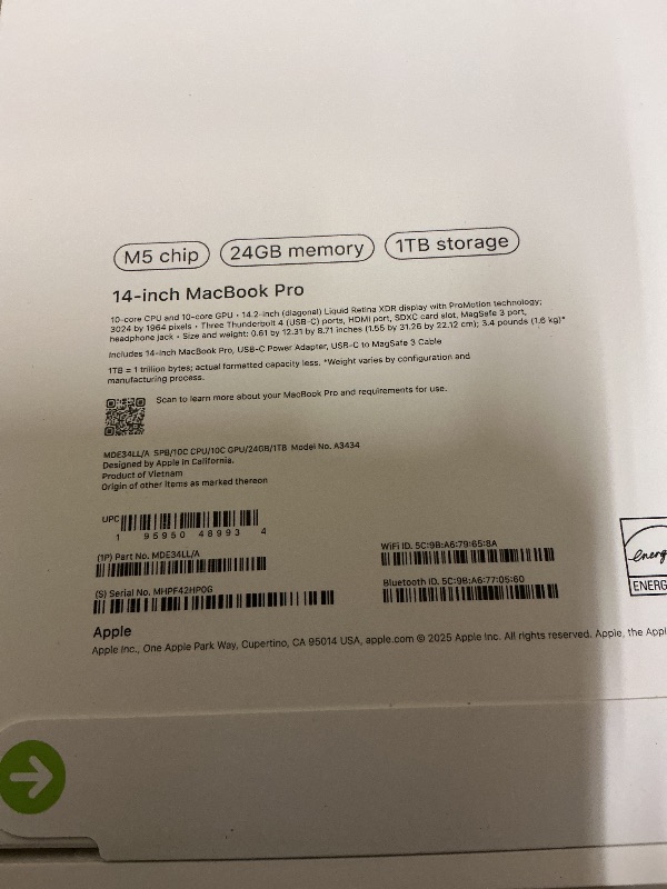 Photo 1 of Apple 2025 MacBook Pro Laptop with M5 chip with 10?core CPU and 10?core GPU: Built for Apple Intelligence, 14.2-inch Liquid Retina XDR Display, 24GB Unified Memory, 1TB SSD Storage; Space Black