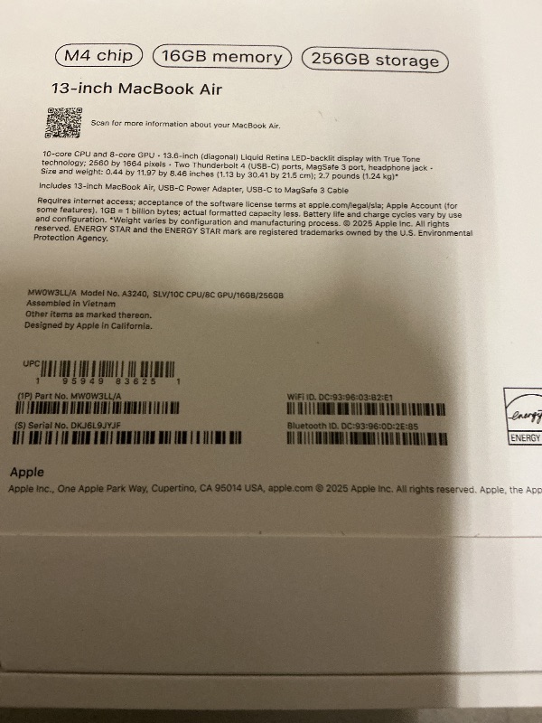 Photo 1 of Apple 2025 MacBook Air 13-inch Laptop with M4 chip: Built for Apple Intelligence, 13.6-inch Liquid Retina Display, 16GB Unified Memory, 256GB SSD Storage, 12MP Center Stage Camera, Touch ID; Silver