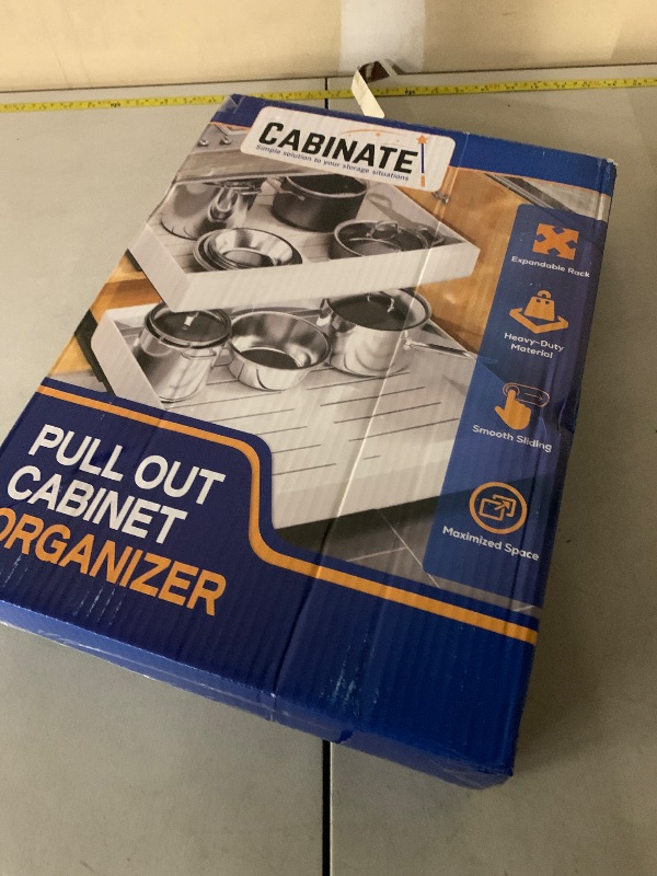 Photo 1 of 1 Pc Expandable Pull Out Cabinet Organizer - Deep Adjustable Sliding Peel and Stick Pull Out Drawer, Roll Out Shelf for Organization, 4 Adhesive Hooks, 16.5" Deep, Expandable 12"-20.5'' Width, White