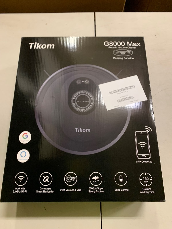 Photo 1 of Tikom Robot Vacuum and Mop Combo, 5000Pa Robotic Vacuum Cleaner, 150 Min Max, App & Remote Control, Ideal for Hard Floor, Carpet, Pet Hair, Self-Charge(G8000 Max)