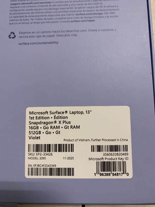 Photo 1 of Microsoft Surface Laptop (2025), Windows 11 Copilot+ PC, 13" Touchscreen Display, Snapdragon X Plus (8 core), 16GB RAM, 512GB SSD Storage, Violet